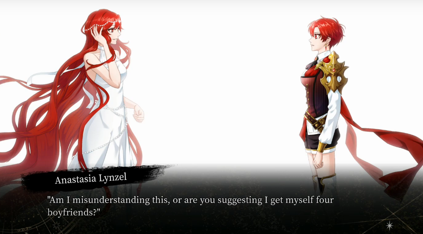 Norna and Anastasia, who are strikingly visually similar, speaking to each other in front of a white background. The text box at the bottom reads "Anastasia Lynzel: Am I misunderstanding this, or are you suggesting I get myself four boyfriends?"