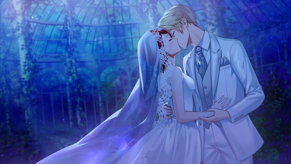 Anastasia and Lucien clad in white wedding attire, kissing.