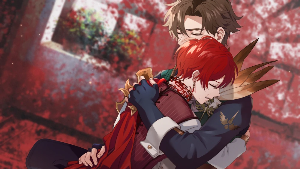 Crius and Anastasia from even if TEMPEST embracing surrounded by blood spatter.