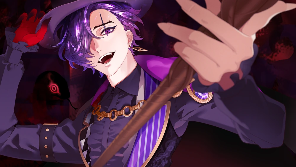 A man with purple hair and ornate purple outfit reaching out towards the user.