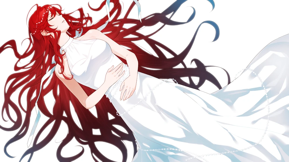 Woman with long read hair laying on a white background in a white dress