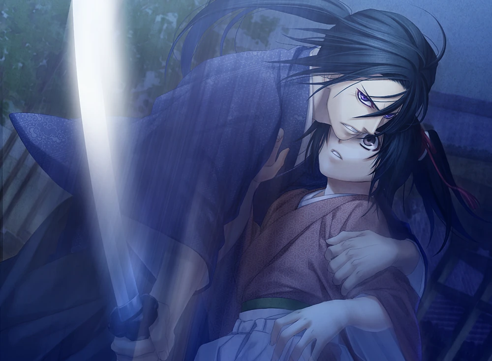 A tall man with long black hair tied in a ponytail, wearing a blue kimono. protects a shorter woman in a pink kimono by brandishing his sword. CG of Hijikata and Chizuru from the video game "Hakuoki: Kyoto Winds."
