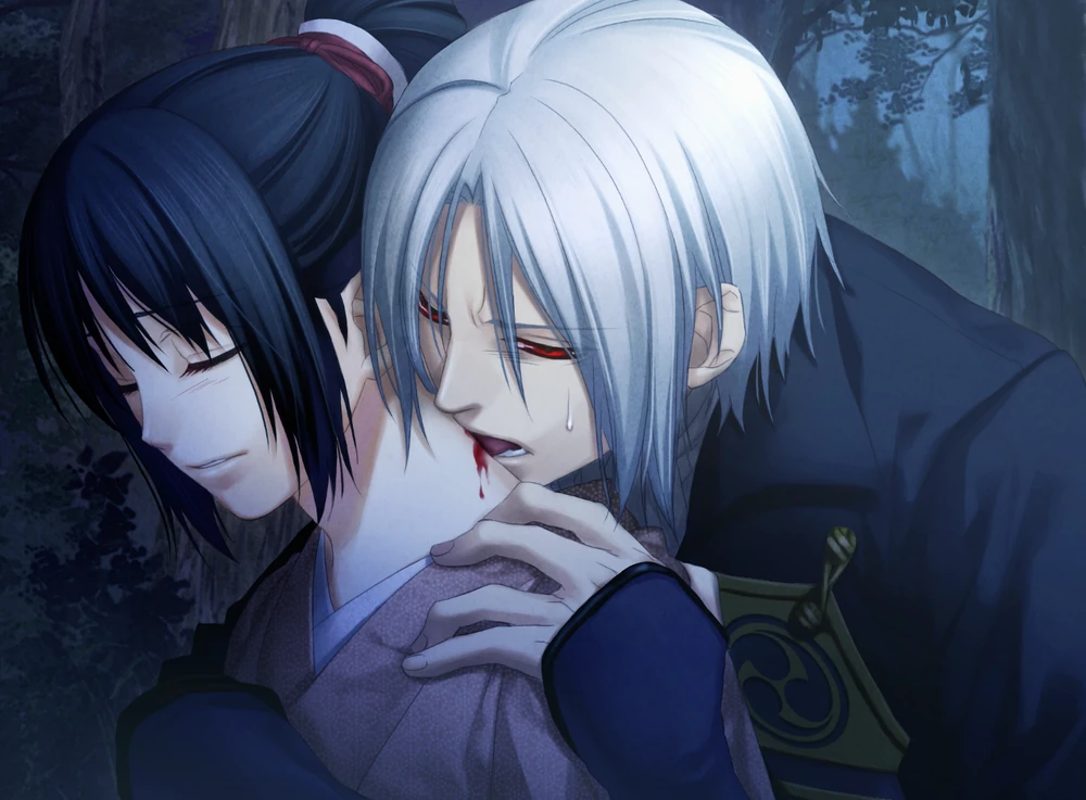 Hijikata, now with short white hair and red eyes, licking blood from the back of Chizuru's neck. Video Game CG from Hakuoki: Edo Blossoms.