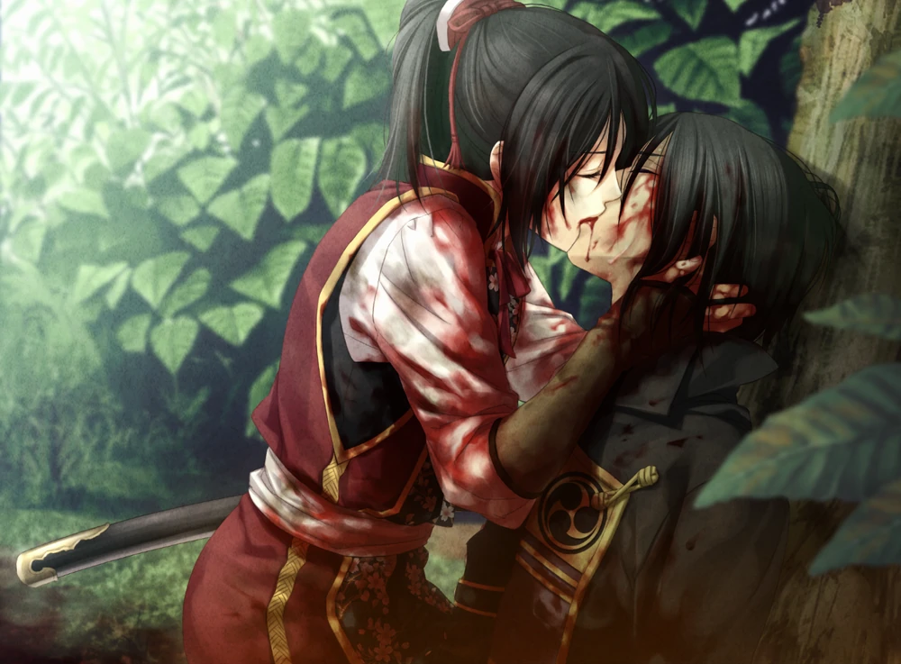 A man and woman, Hijikata and Chizuru, embrace and kiss, leaning against a tree while bloodied after an intense battle. Video game CG from Hakuok: Edo Blossoms.