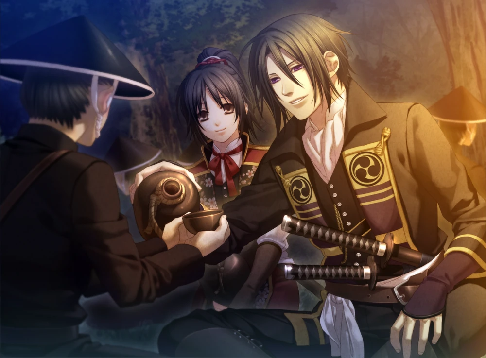 A man in a western-style military uniform, Hijikata, pours sake for a solider, a woman in a similar uniform, Chizuru, sits in the immediate background. Video game CG from Hakuoki: Edo Blossoms.
