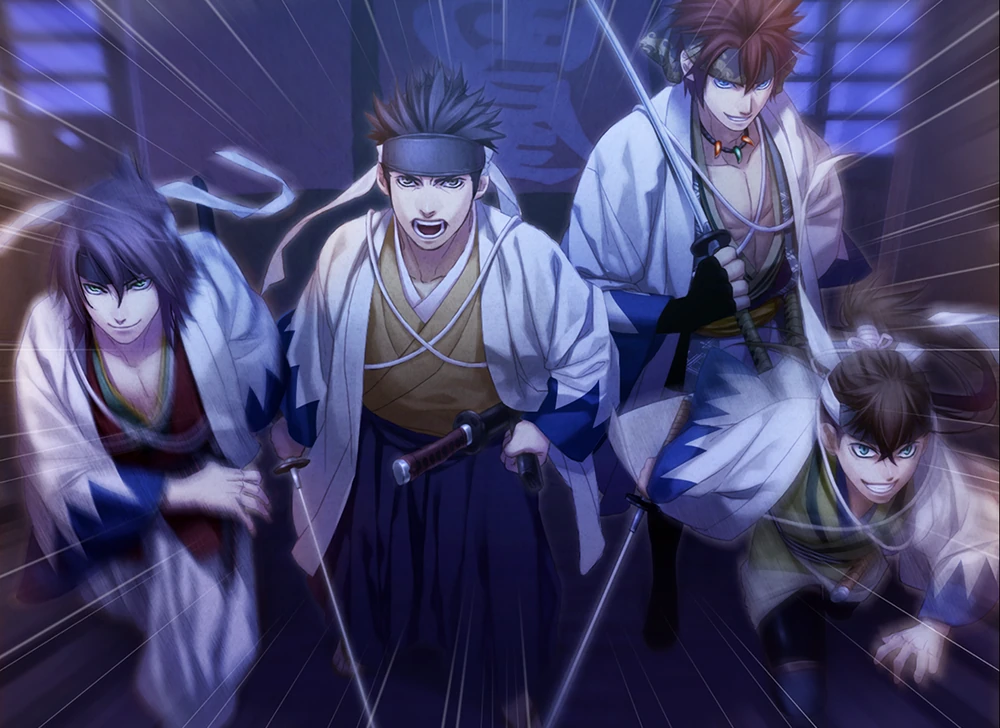 Four menacing looking men. dressed as samurai and wearing matching uniform coats and headbands rush forwards into battle. The man in the middle is shouting. CG image from Hakuoki Kyoto Winds.