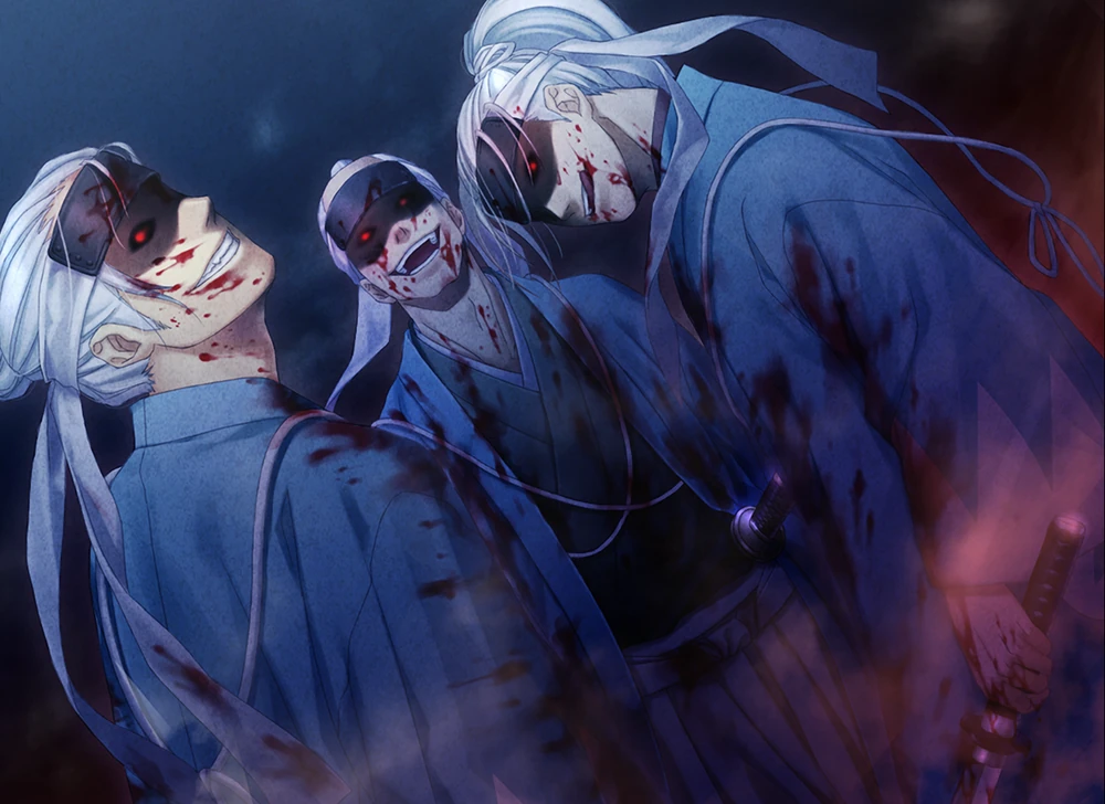 Three men, known as Furies, with white hair and red eyes, standing menacingly with blood splattered on them. CG from Hakuoki Kyoto Winds.