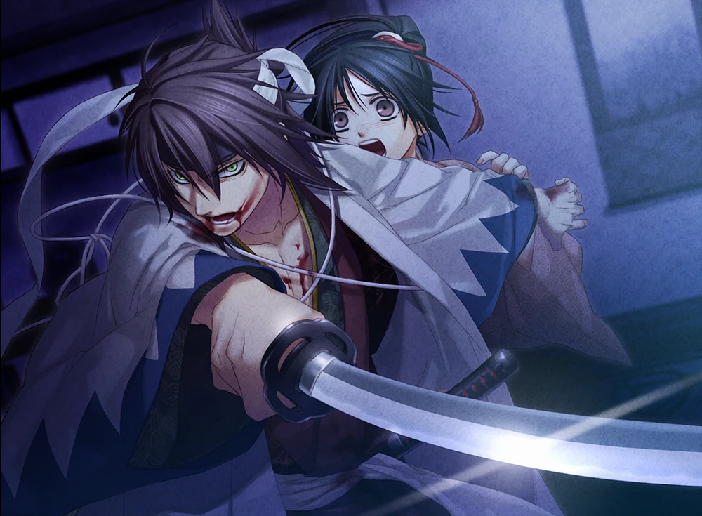 A man with short brown hair and a flowing white and blue kimono jacket pushes a shock woman behind himself to protect her. He is pointing his sword at an unseen enemy. Video Game CG of Okita and Chizuru from Hakuoki: Kyoto Winds.