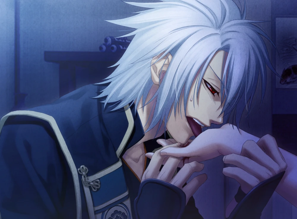 Okita now with white hair, red eyes, and a western-style uniform lick's the blood dripping from a woman's, Chizuru's, hand. Video game CG from Hakuoki: Edo Blossoms.