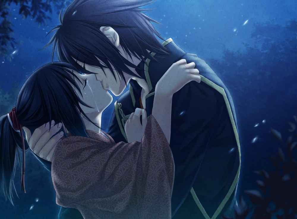A man and woman, Okita and Chizuru, embrace while kissing outside in the moonlight. Video game CG from Hakuoki: Edo Blossoms.