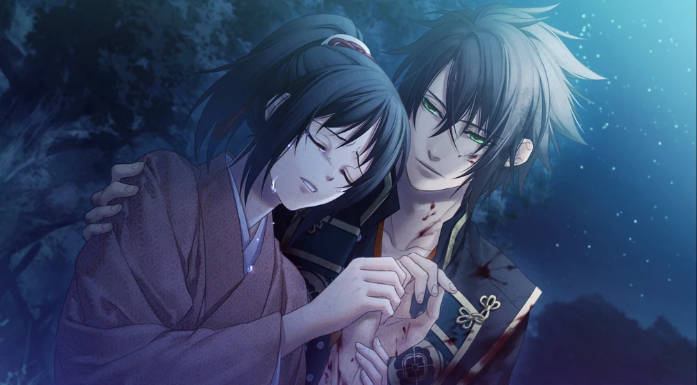 A woman, Chizuru, in a pink kimono holds an off-screen man's hand while crying. A man, Okita, with blood spattered across his face and body, has his arm around her. Video game CG from Hakuoki: Edo Blossoms.