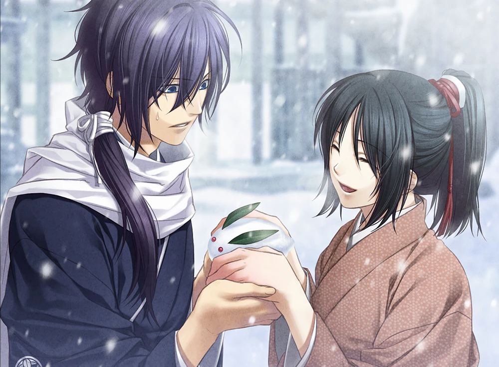A snowy scene with a man with a surprised expression on the left holds the hands of a smiling woman on the right, who is handing him a small rabbit made of snow. Video game CG of Saito and Chizuru from Hakuoki: Kyoto Winds.