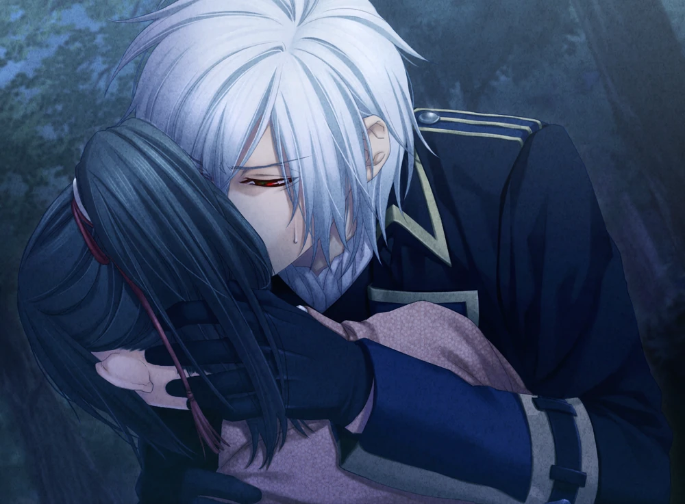 Saito, now with shorter white hair and red eyes, drinks blood from Chizuru, appearing to nuzzle behind her ear. Video game CG from Hakuoki: Edo Blossoms.