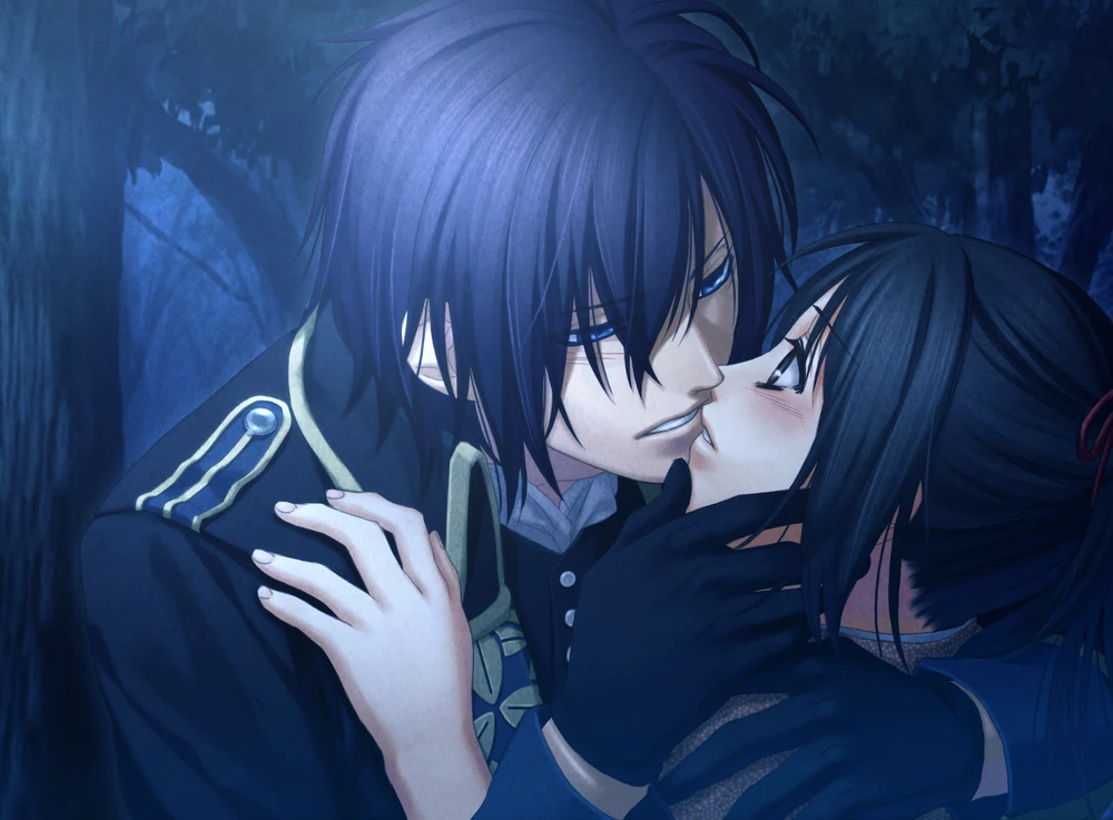 Saito with his usual black hair and a new western-style uniform gently cups Chizuru's. The pair are about to kiss. Video game CG from Hakuoki: Edo Blossoms.