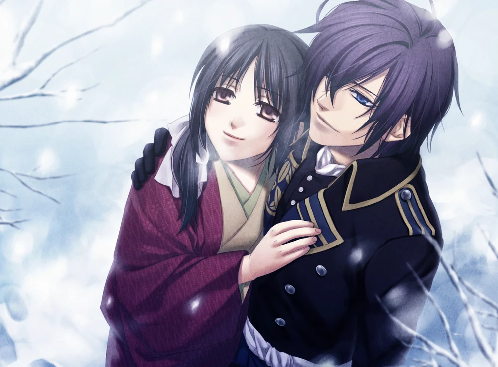 In another snowy scene, Saito and Chizuru embrace each other while snow falls around them. They share peaceful, happy expressions. Video game CG from Hakuoki Edo: Blossoms.