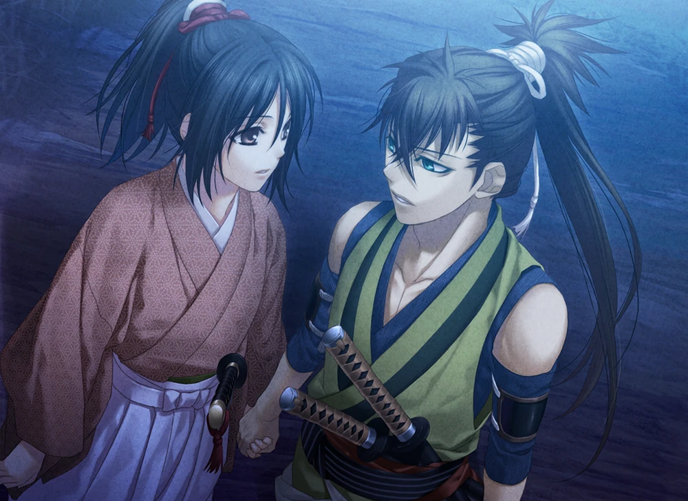 A women short black hair pulled into a ponytail wearing a pink and white kimono and a man with long brown hair in a long ponytail wearing a blue and green kimono style outfit hold hands and gaze at one another. Video game CG of Chizuru and Heisuke from Hakuoki: Kyoto Winds.