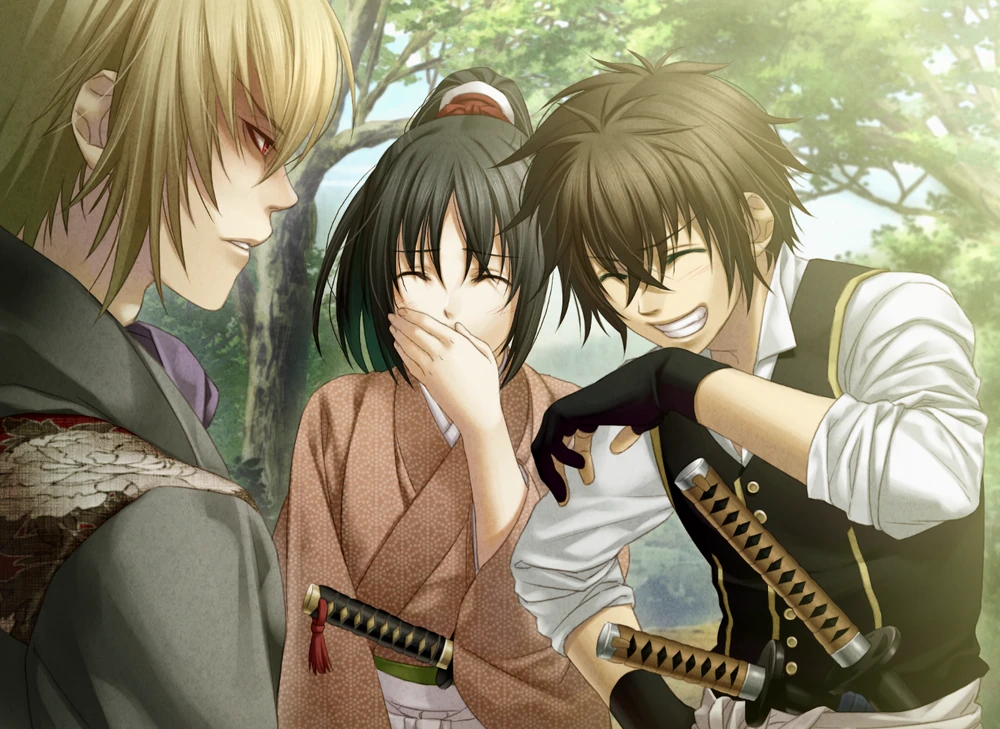 Chizuru and Heisuke lean towards each other while smiling and giggling. A blond man, Kazama, closer to the forefront has an angry expression. Video game CG from Hakuoki: Edo Blossoms.
