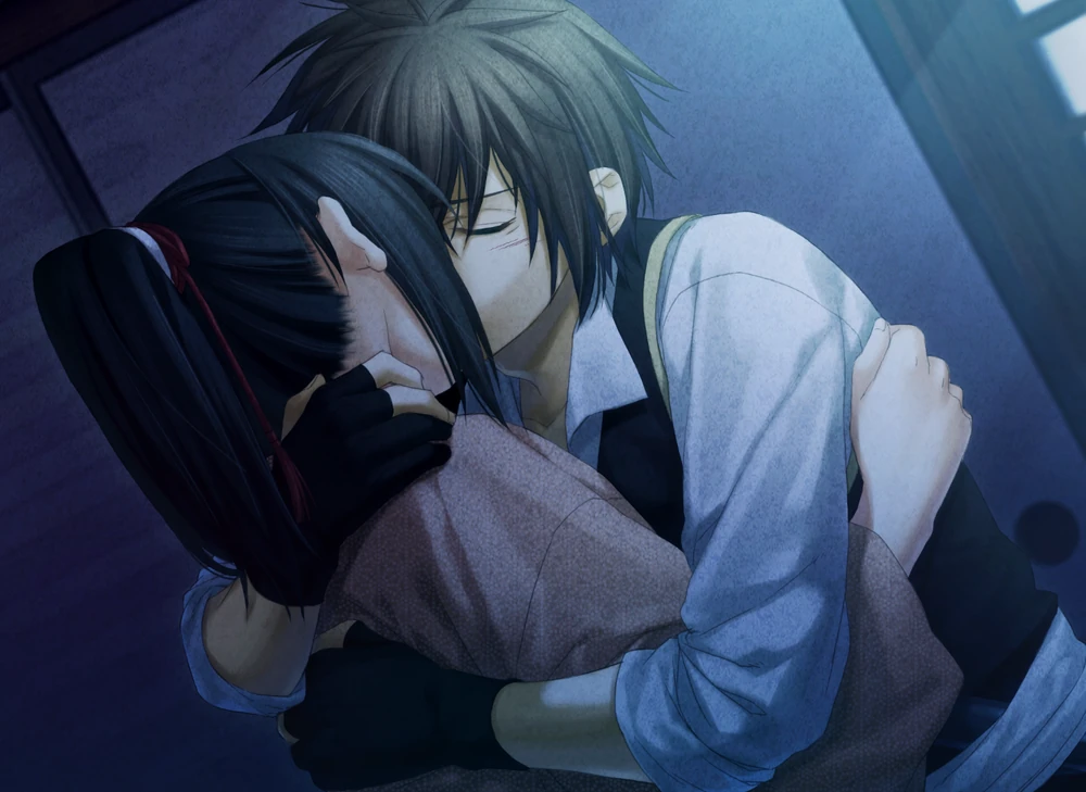 Heisuke tightly embraces Chizuru as they kiss in a darkened Japanese-style room. Video game CG from Hakuoki: Edo Blossoms.
