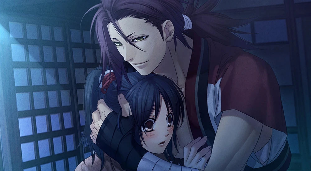 A tall man wearing red Japanese-style clothing with red hair, holds a short blushing woman close to his chest. Video game CG of Harada and Chizuru from Hakuoki: Kyoto Winds.