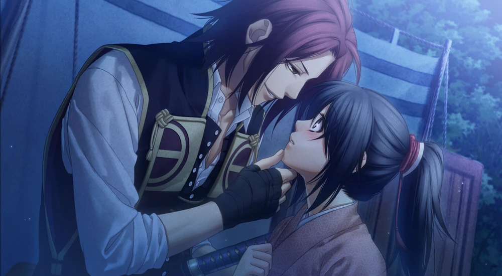 Harada now in a western-style uniform tips Chizuru's chin upwards so he is able to look her in the eyes. Video game CG from Hakuoki: Edo Blossoms.