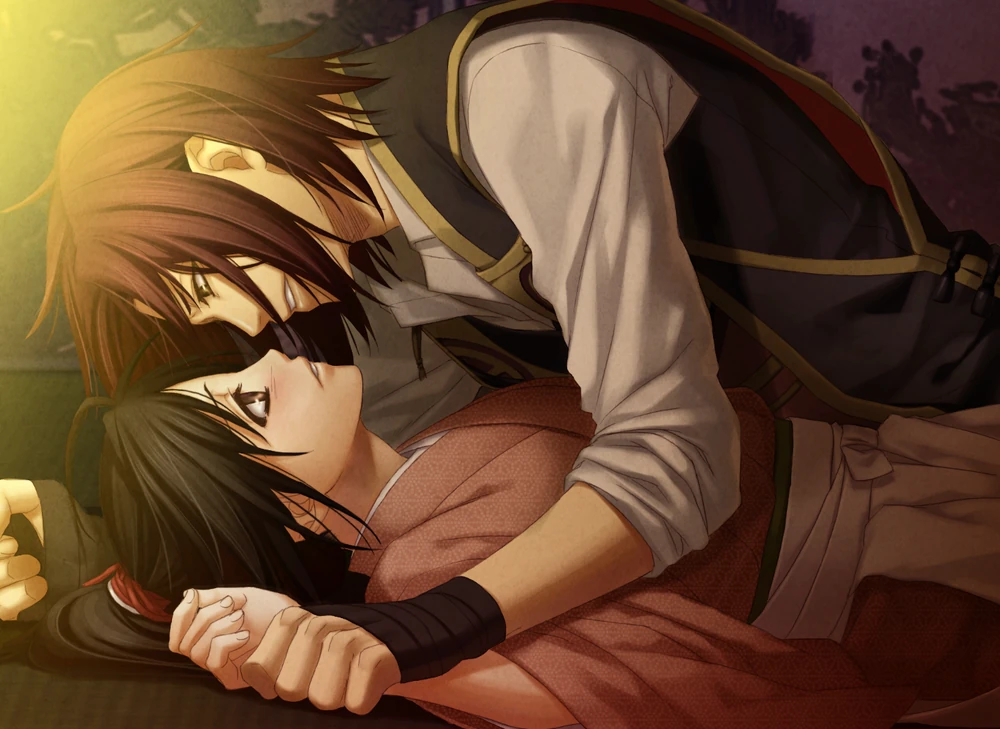 Harada looms over Chizuru, pinning her down by her wrists as she blushes. There's a heated and romantic vibe to the image. Video game CG from Hakuoki: Edo Blossoms.