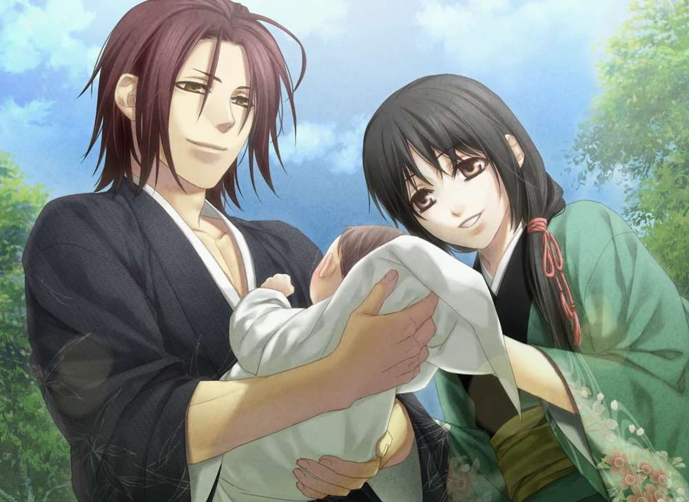 A sunny, outside scene of Harada and Chizuru wearing beautiful kimonos. They're relaxed and smiling while Harada gently cradles their infant son. Video game CG from Hakuoki: Edo Blossoms.