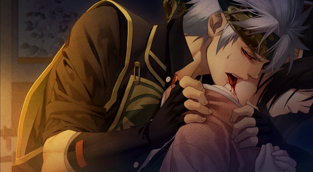 Nagakura, now with white hair, red eyes, and a western-style uniform, licks up blood trickling from a small wound on the back of Chizuru's neck. Video game CG from Hakuoki: Edo Blossoms.
