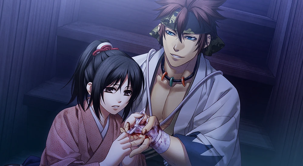 A man with short, fluffy brown hair pushed up by a bandana wearing a white and blue kimono style jacket that exposes his chest has his hand bandaged by a concerned woman wearing a pink kimono. Video game CG of Nagakura and Chizuru from Hakuoki: Kyoto Winds.