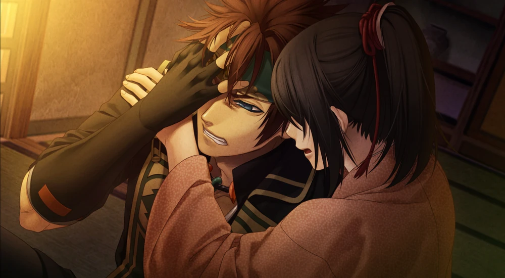 Nagakura clutches his forehead, grimacing and seeming to be in pain while Chizuru comforts him. Video game CG from Hakuoki: Edo Blossoms.