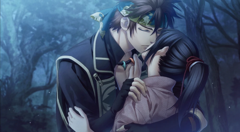 Nagakura and Chizuru share a delicate kiss while embracing each other in a tranquil forest scene. Video game CG from Hakuoki: Edo Blossoms.