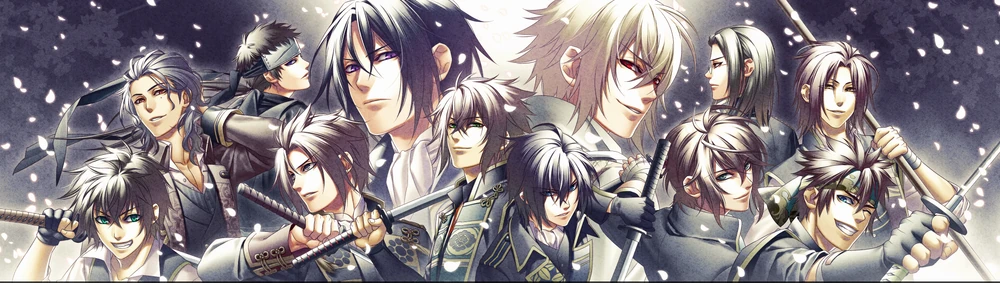 Long, celebratory image of all 12 Hakuoki love interests in various poses. Completion reward for Hakuoki: Edo Blossoms.