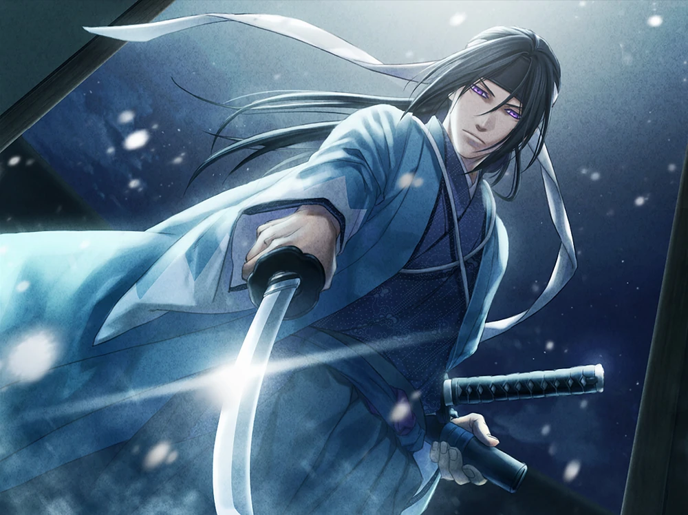An anime-style man with long black hair tied in a ponytail wearing a blue kimono points a long sword towards the viewer. This is the Hijikata Toshizo from Hakuoki that the article is discussing. CG image.