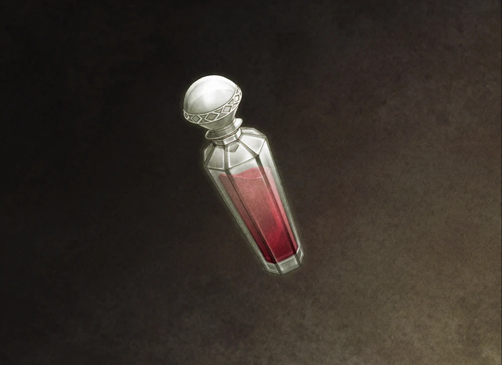A mysterious red liquid in an ornate glass bottle, representing the "Water of Life" serum from Hakuoki. Video Game CG.