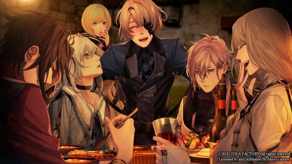 CG image of all the Virche Evermore - Error: Salvation at a table as mentioned above.