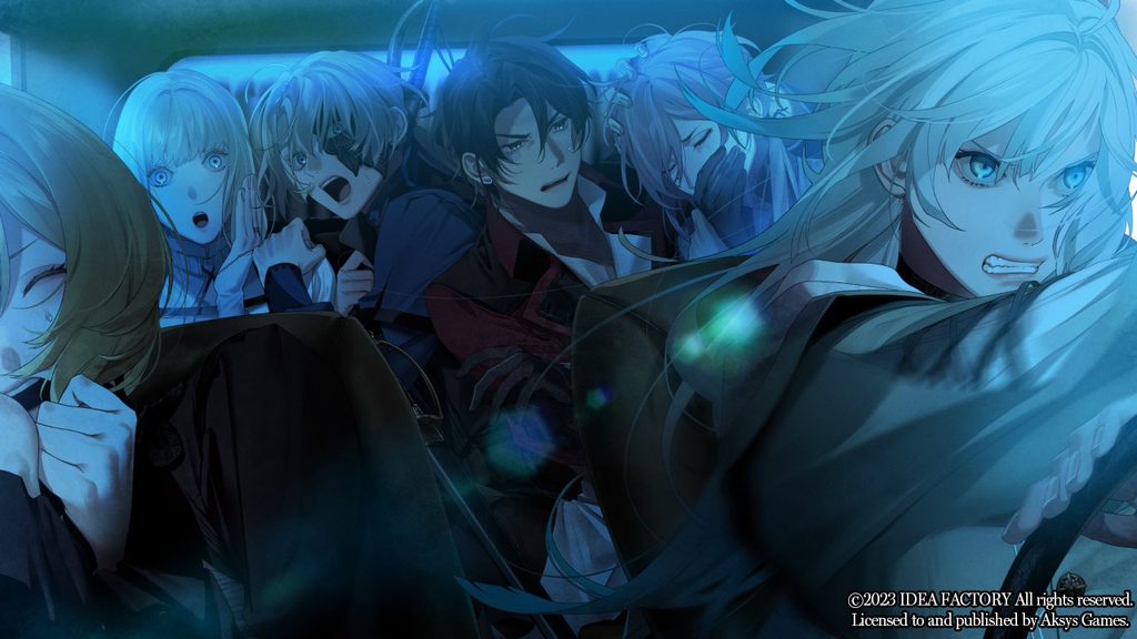 All of the main Virche Evermore - Error: Salvation comically piled into a car.