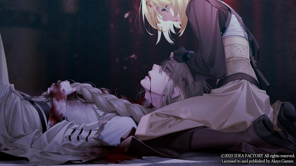 Lucas bloody and dying in Ceres's lap in his Salvation ending of Virche Evermore - Error: Salvation.