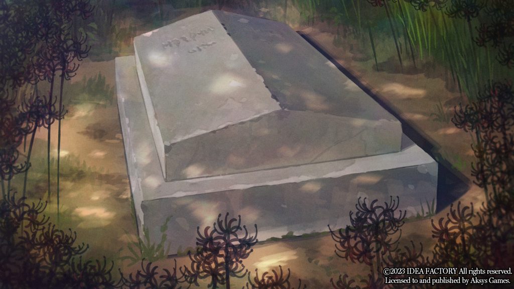 A grave surrounded by black lycoris flowers where Lucas and Ceres are buried in this ending of Virche Evermore - Error: Salvation.