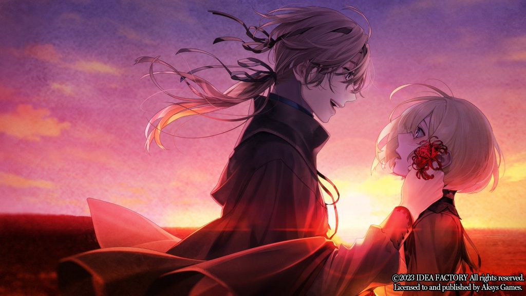 With sunset behind them, Yves gently puts a red lycoris hair clip in Ceres's hair in a CG image from Virche Evermore - Error: Salvation.