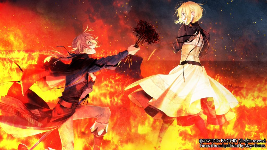 Yves kneeling on one knee, proposing to Ceres surrounded by flames in his Salvation ending from Virche Evermore - Error: Salvation.
