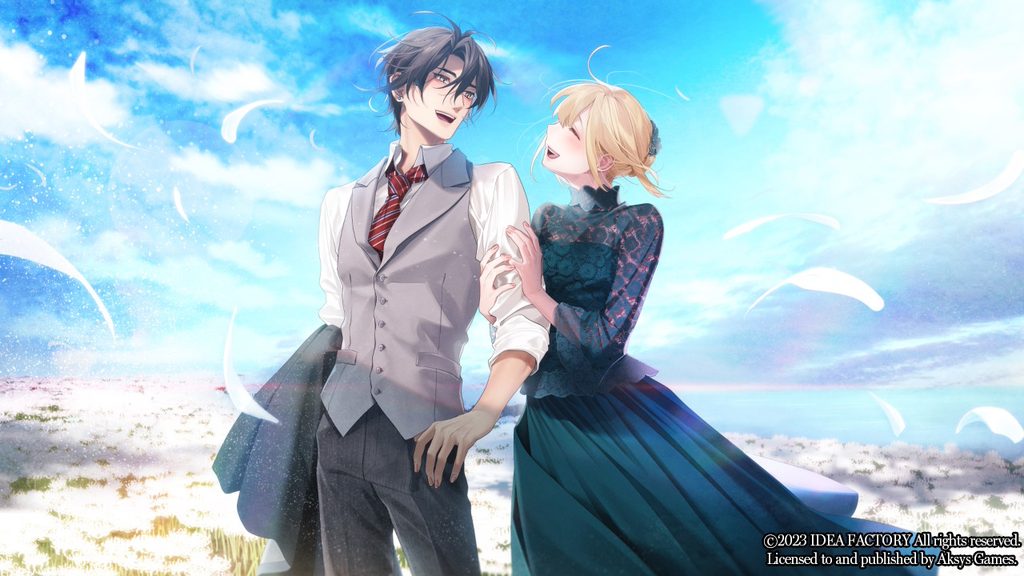 Adolphe and Ceres, smiling and happy in a field of white lycoris flowers, the first Salvation ending in Virche Evermore - Error: Salvation.