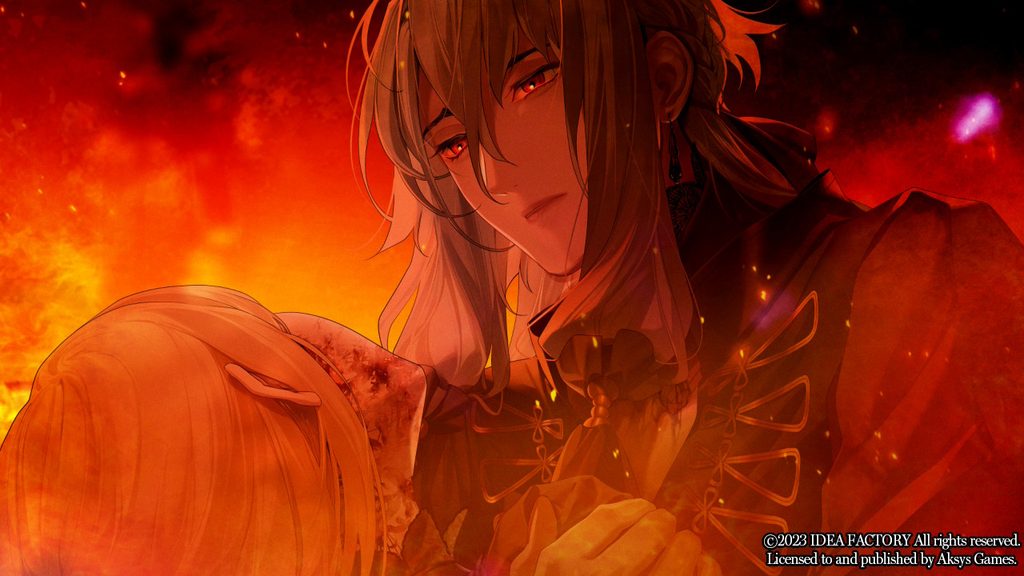 Ankou gazing at Ceres as a fire burns around them, ready to consume them in this despair ending from Virche Evermore - Error: Salvation.