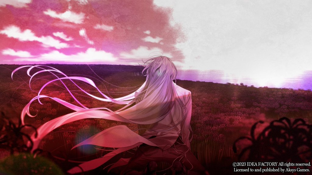 Second in a series of images showing Adolphe in the same position, now with long gray hair as Ankou, and surrounded by the black Lycoris flowers.