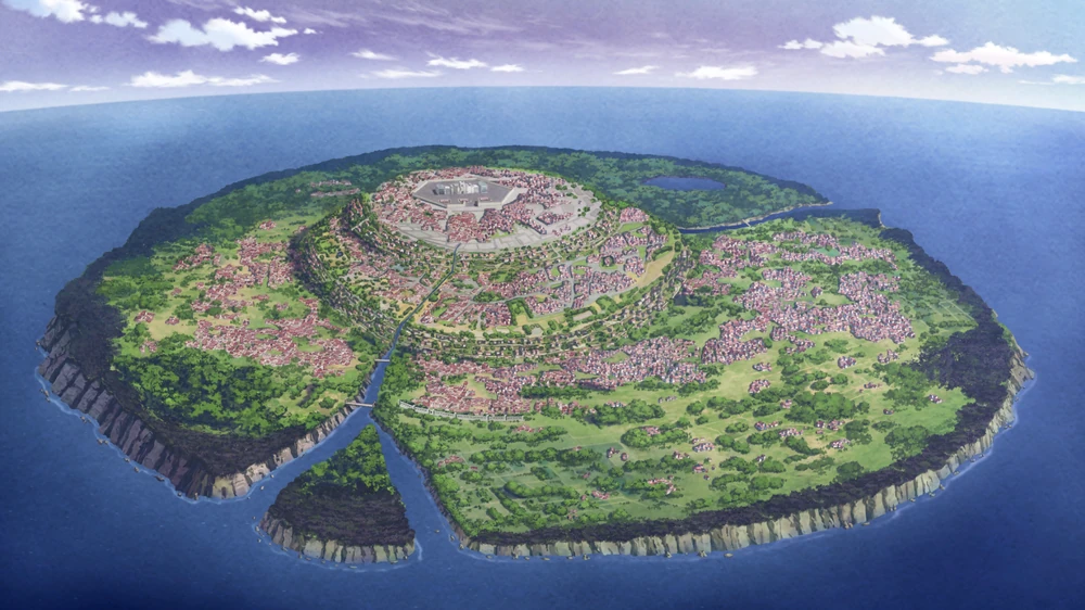 Overhead view of the island nation Arpéchéle from Virche Evermore - Error: Salvation.