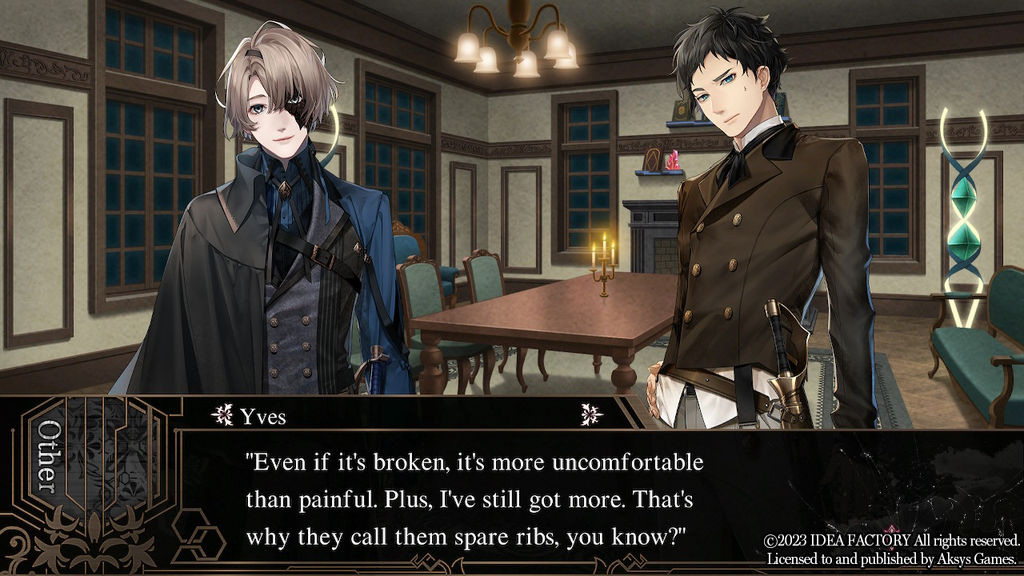 Yves and his friend Hugo from Virche Evermore - Error: Salvation, after Yves is hurt but ignoring it, comically saying it's fine to break some ribs as they are "spare ribs."
