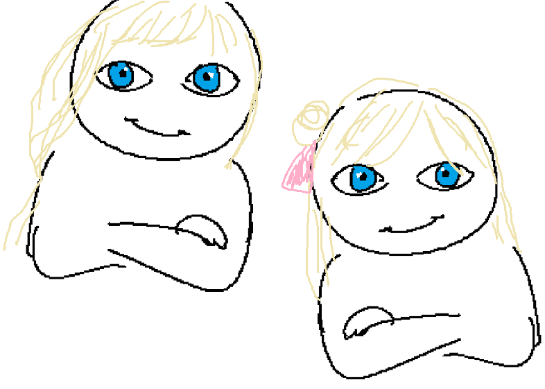 Poorly drawn meme-like image of Lucas and Nadia, mirroring the picture of them above, poking fun at their big blue eyes and similar apperance.
